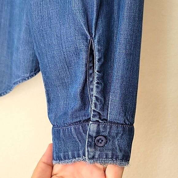 SIDE STITCH Blue 100% Lyocell Button-Up Long Sleeve Fringe Shirt size XS - Picture 9 of 11